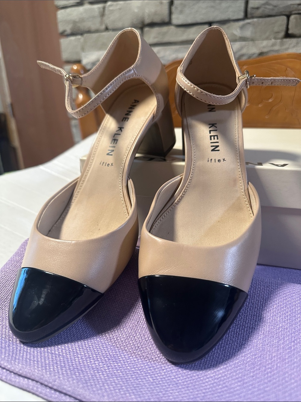 Anne Klein Nude Beige and Black Cap Toe Mary Jane Heels